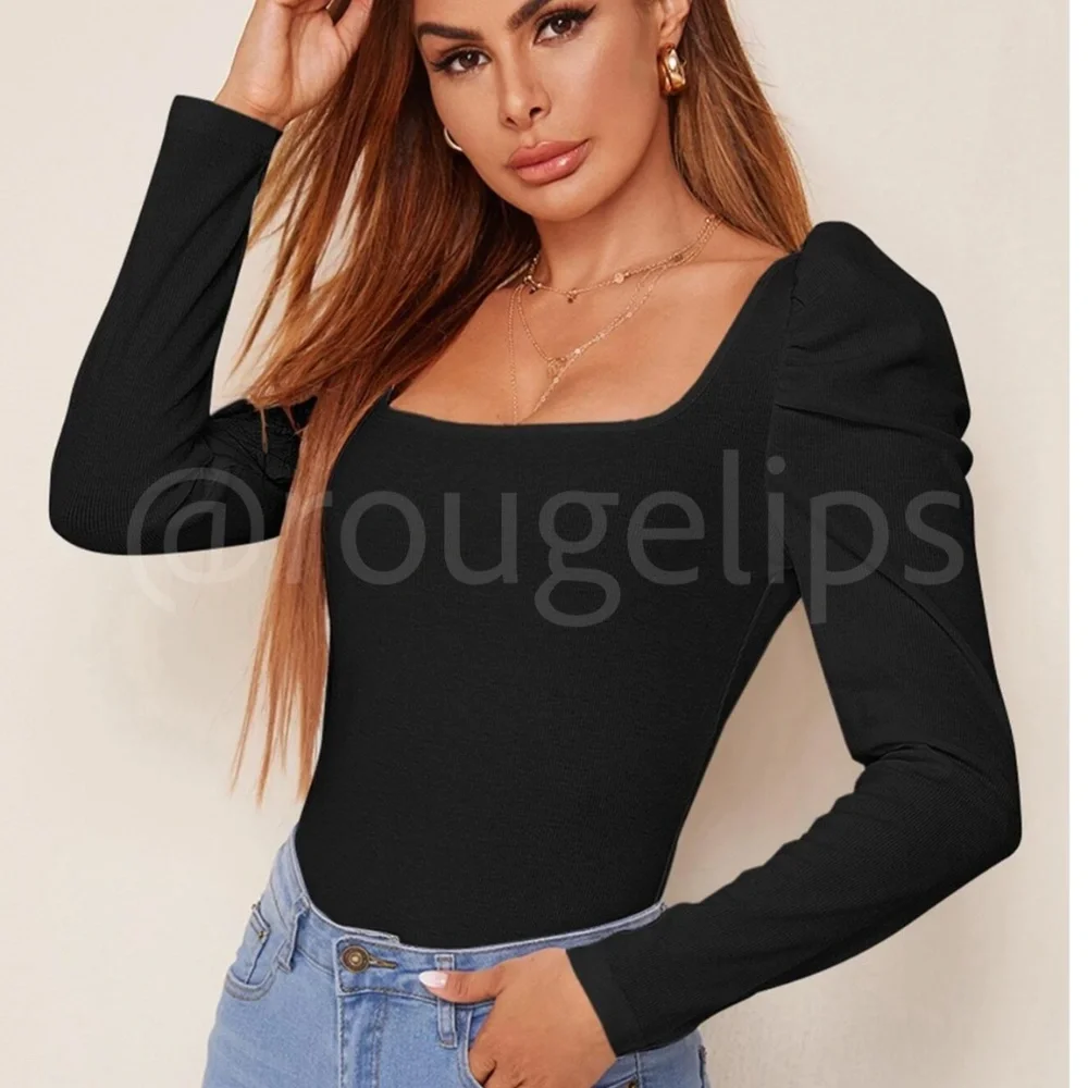 Black Rib Knit Square Neck Puff Long Sleeve Slim Fit Shirt Top - Picture 1 of 6